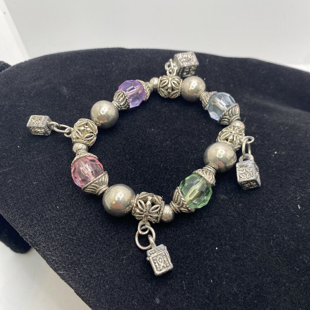 Womens Silver Tone Charm Colorful Bead Bracelet